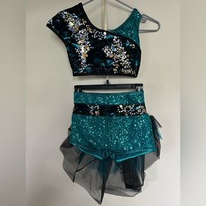 Curtain Call Green black lace silver sequin med child dance costume